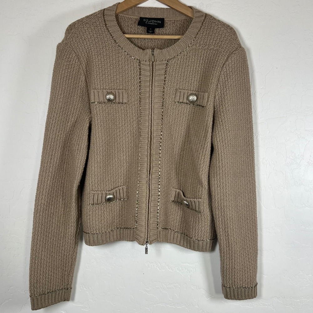 St John Couture Tan Knit Zip Jacket Metallic Trim Silver Buttons Size 16 USA